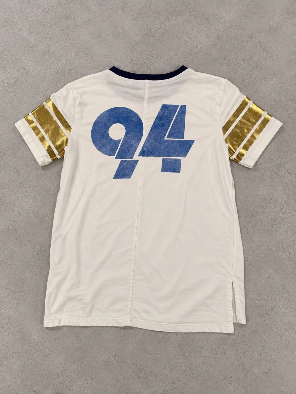 Old Navy White Crewneck Tee with Gold Sleeve Stripes and Navy Trim
